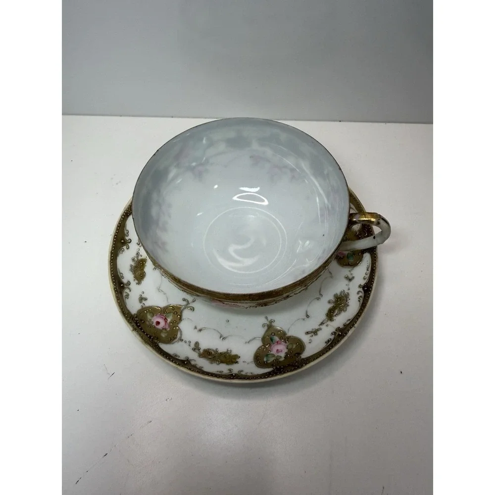 Vintage Chikusa Nippon Hand Painted Tea Cup & Saucer – Pink Roses & Gold Moriage